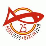diseño gráfico imagen de logotipo de 25 años con bandera de España y pescado de Feria